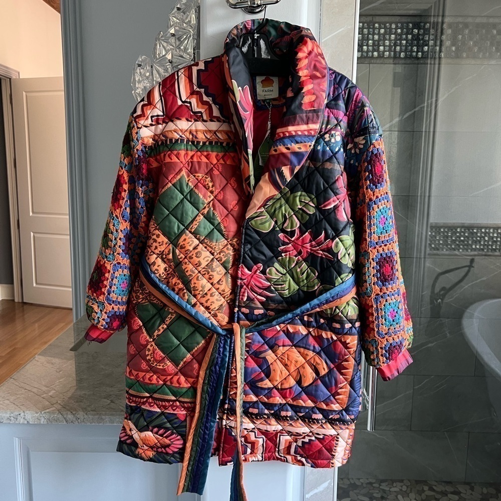 FARM RIO Patchwork Tapestry Crochet-Sleeve Puffer Jacket - Picture 9 of 14